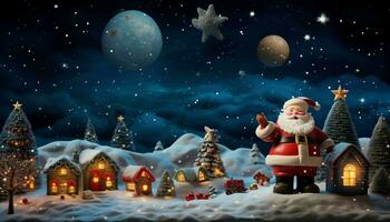 AI generated anta Claus in the village against the background of the night sky. photo