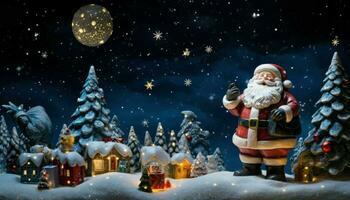 AI generated anta Claus in the village against the background of the night sky. photo