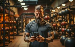 ai generado un hombre con un teléfono en su manos en el gimnasia. pesas y pesas rusas en el antecedentes foto