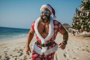 ai generado atractivo muscular joven hombre vistiendo un Papa Noel claus prenda corriendo a playa y sonriente a el cámara foto