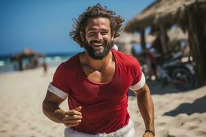 ai generado atractivo muscular joven hombre vistiendo un Papa Noel claus prenda corriendo a playa y sonriente a el cámara foto