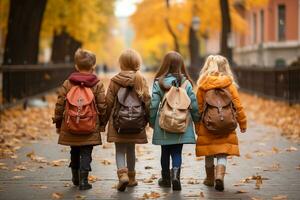 AI generated Schoolkids are walking down the street. Back view. photo