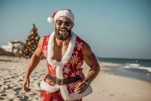 ai generado atractivo muscular joven hombre vistiendo un Papa Noel claus prenda corriendo a playa y sonriente a el cámara foto