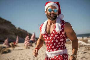 ai generado atractivo muscular joven hombre vistiendo un Papa Noel claus prenda corriendo a playa y sonriente a el cámara foto