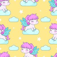 Seamless pattern with magic pony sitting on a clouds. Repeated tile with cartoon characters and stars on yellow backdrop. Childish vector design for fabric, print, wrapper, textile, print for kids.