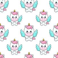 Seamless pattern with cute magic unicorn with wings. Repeated tile with cartoon characters on white backdrop. Childish vector design for fabric, print, wrapper, textile, print for kids.