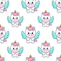 Seamless pattern with cute magic unicorn with wings. Repeated tile with cartoon characters on white backdrop. Childish vector design for fabric, print, wrapper, textile, print for kids.