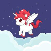 Cute cartoon unicorn with wings flying in the sky. isolated vector illustration with magic animal, clouds, stars. Flat art for print, posters, covers and etc.