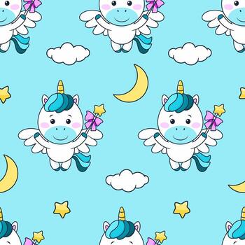Seamless pattern with magic unicorn with magic wand, stars, moon, clouds. Vector tile with cartoon character for childish print, wrapper, textile, print, fabric.