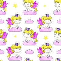 Seamless pattern with magic pony sitting on a clouds. Repeated tile with cartoon characters and stars on white backdrop. Childish vector design for fabric, print, wrapper, textile, print for kids.