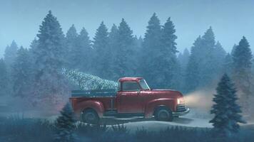 Loop Christmas pickup truck driving with a Christmas tree through a snowy forest video