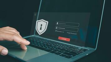 Cyber security and password login concept, Hands uses computer and entering username and password of data network, log in with laptop to digital information system, Online data protection concept photo