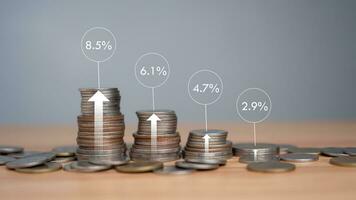 Stacking coins different height with percentage for interest rates from different investment, Investor, trader, investment, fund, stock market, Financial profit return and dividend concept. photo