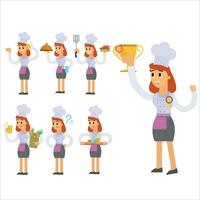 Set of female chef character in different actions. Vector illustration in cartoon style.