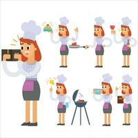 Set of vector illustrations of a woman in a chef's hat.