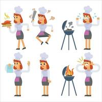 conjunto de mujer cocinar personaje. vector ilustración en un plano estilo.