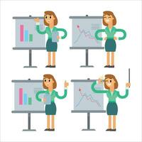 Business woman Caracter Set Presentations. Vector illustration in flat style.