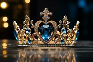 AI generated a blue diamond crown on wood table bokeh style background with Generated AI photo