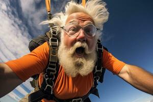 AI generated an old man taking a selfie while skydiving with Generated AI photo