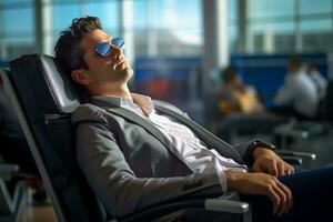 AI generated a business man sitting on the airport chair at the airport bokeh style background with Generative AI photo