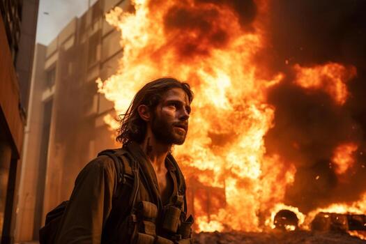 AI generated a man standing in front of a burning building bokeh style background with Generative AI photo