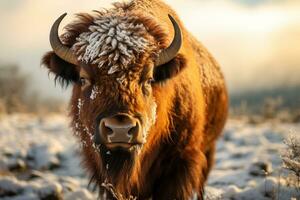 AI generated bull standing in the snow weather bokeh style background with Generative AI photo