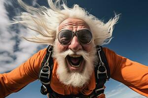 AI generated an old man taking a selfie while skydiving with Generated AI photo