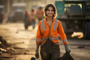 AI generated a female street sweeper worker smiling bokeh style background with Generative AI photo