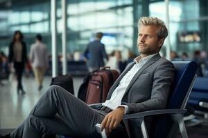 AI generated a business man sitting on the airport chair at the airport bokeh style background with Generative AI photo