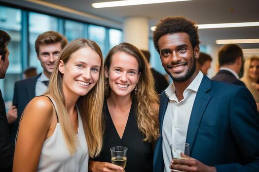 AI generated business teamwork smiling in the office bokeh style background with Generated AI photo