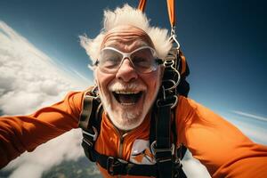 AI generated an old man taking a selfie while skydiving with Generated AI photo