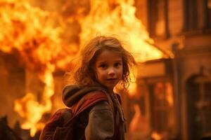 AI generated a young girl standing in front of a burning building bokeh style background with Generative AI photo