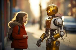 AI generated young girl talking with robot bokeh style background with Generative AI photo