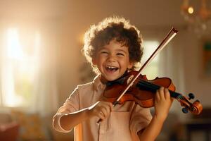 AI generated young boy playing violin bokeh style background with Generative AI photo