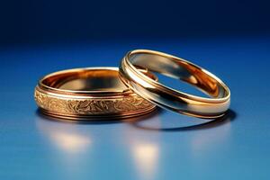 AI generated close up of two gold wedding rings on blue background bokeh style background with Generated AI photo