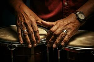 AI generated close up of hands playing drum bokeh style background with Generated AI photo