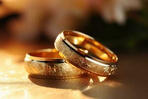 AI generated close up of two gold wedding rings bokeh style background with Generated AI photo