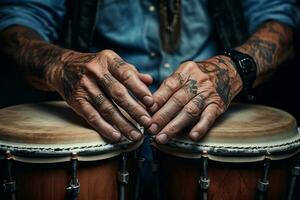 AI generated close up of hands playing drum bokeh style background with Generated AI photo