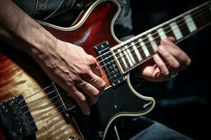 ai generado cerca arriba de un guitarrista jugando un eléctrico guitarra bokeh estilo antecedentes con generado ai foto