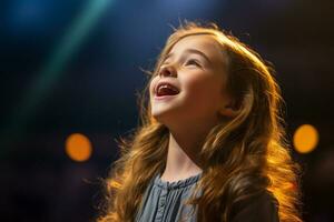 AI generated a young girl singing on the stage bokeh style background with Generated AI photo