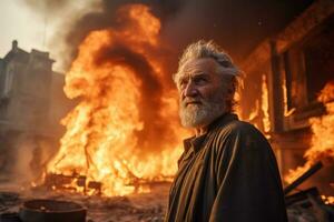 AI generated an old man standing in front of a burning building bokeh style background with Generative AI photo