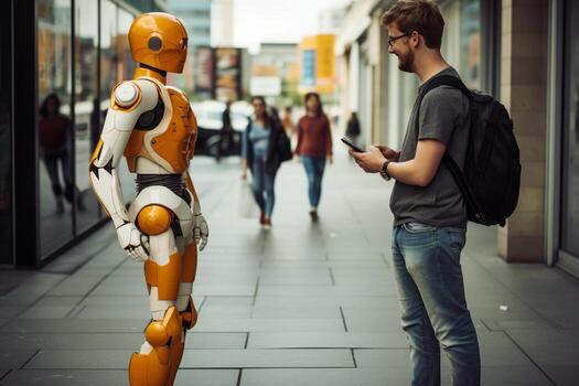 AI generated a man talking with robot bokeh style background with Generative AI photo