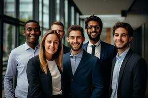 AI generated business teamwork smiling in the office bokeh style background with Generated AI photo