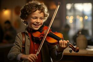 ai generado joven chico jugando violín bokeh estilo antecedentes con generativo ai foto