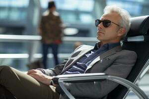 AI generated a middle age business man sitting on the airport chair at the airport bokeh style background with Generative AI photo