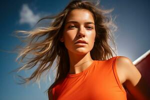 AI generated woman wearing sport wear on the court bokeh style background with Generative AI photo