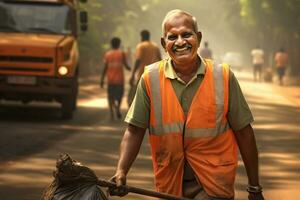 AI generated a male street sweeper worker smiling bokeh style background with Generative AI photo