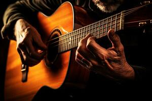 AI generated close up of hands playing an acoustic guitar bokeh style background with Generated AI photo