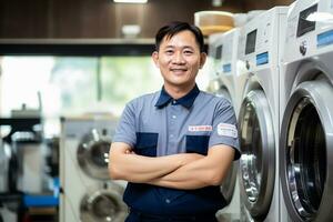 AI generated asian repairman smiling at laundry shop bokeh style background with Generated AI photo