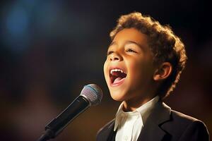 AI generated a young boy singing on the stage bokeh style background with Generated AI photo